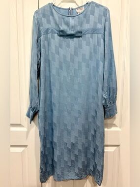 Vintage Brownstone Studio 100% Silk Dress Womens 14 Blue Jacquard Bow Midi
